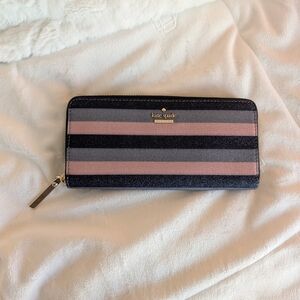 Kate Spade Blue Pink Sparkle Striped Large Zip Wallet Storybook Lining! *NWT*